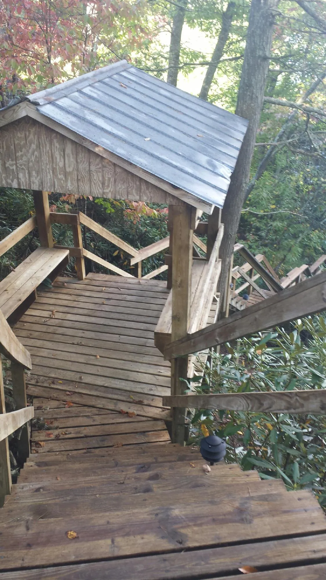 Metal roofed shelter over wooden steps on a wooded walkway — Skylight Repair & Installation work by our crew in Saltville